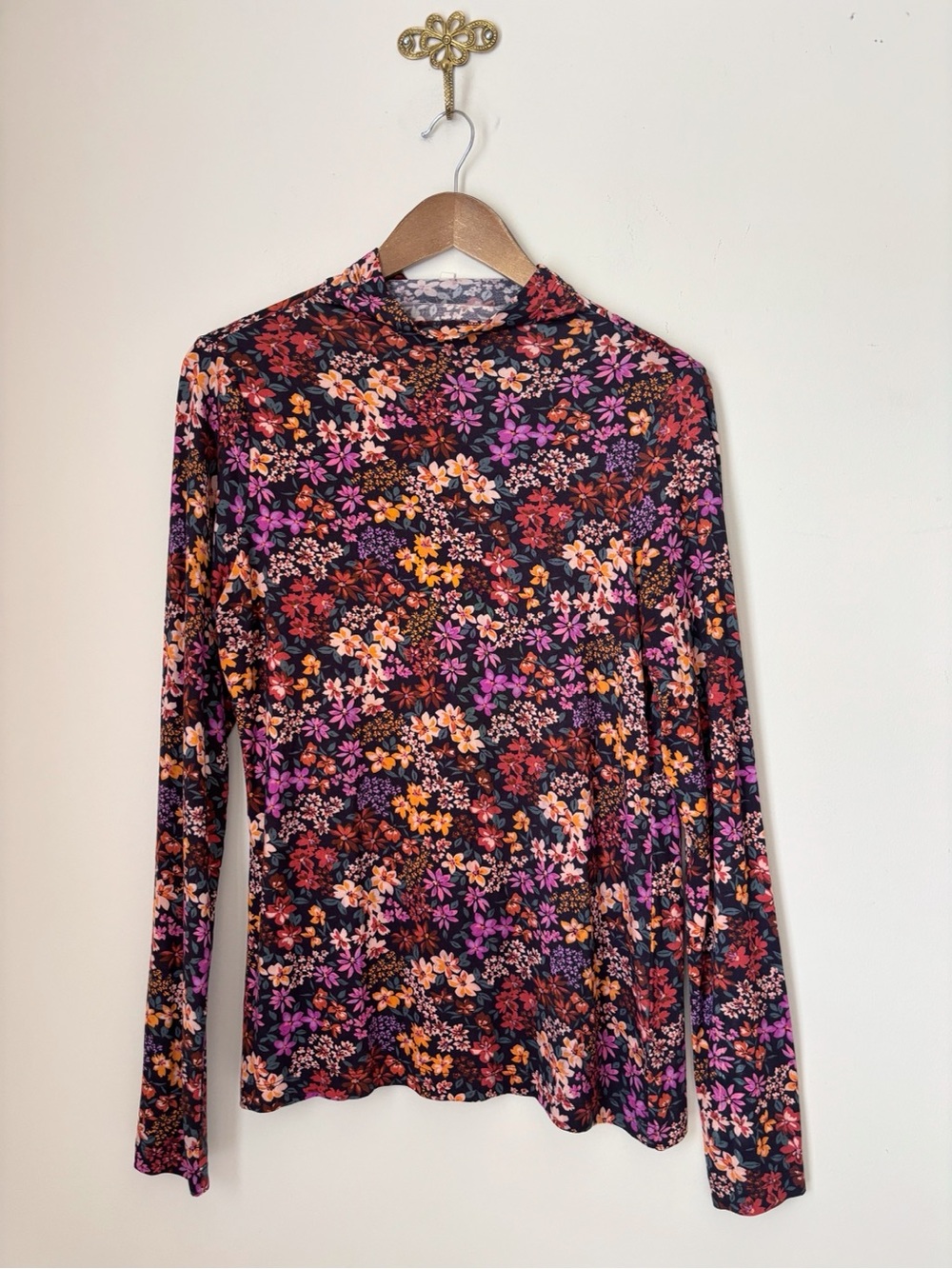 Hale Bob Floral Jersey Turtleneck Lilou Top Large